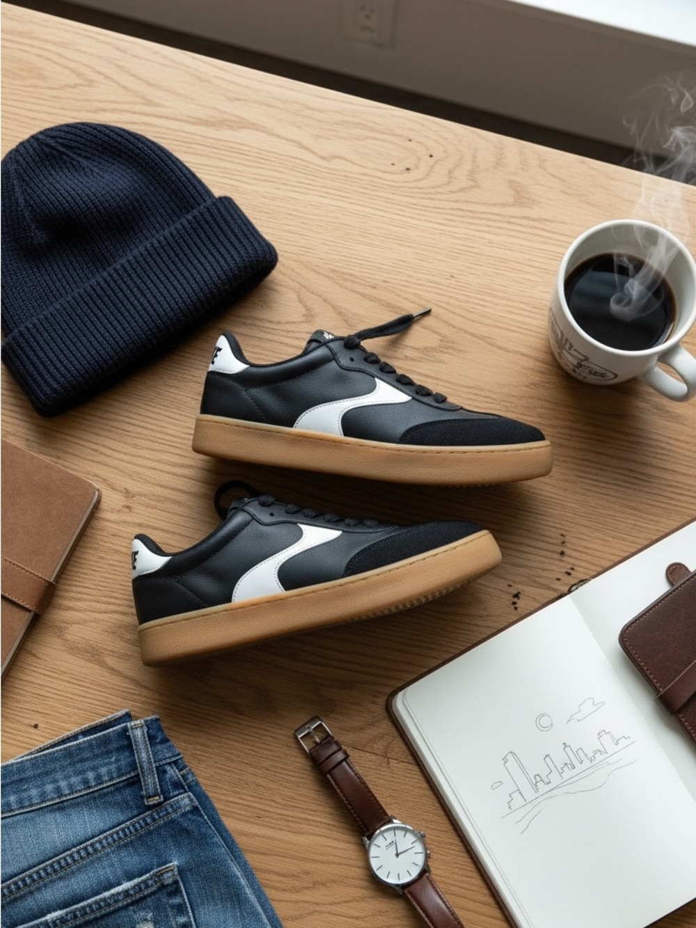 Black & White Low-Top Casual Sneakers with Gum Sole